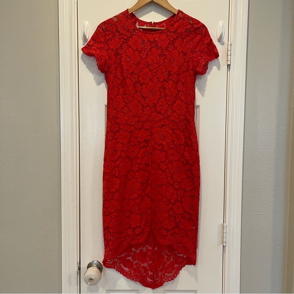 Vince Camuto Lace Midi Dress Women’s Size 6 Coral High Low Short Sleeve Cocktail